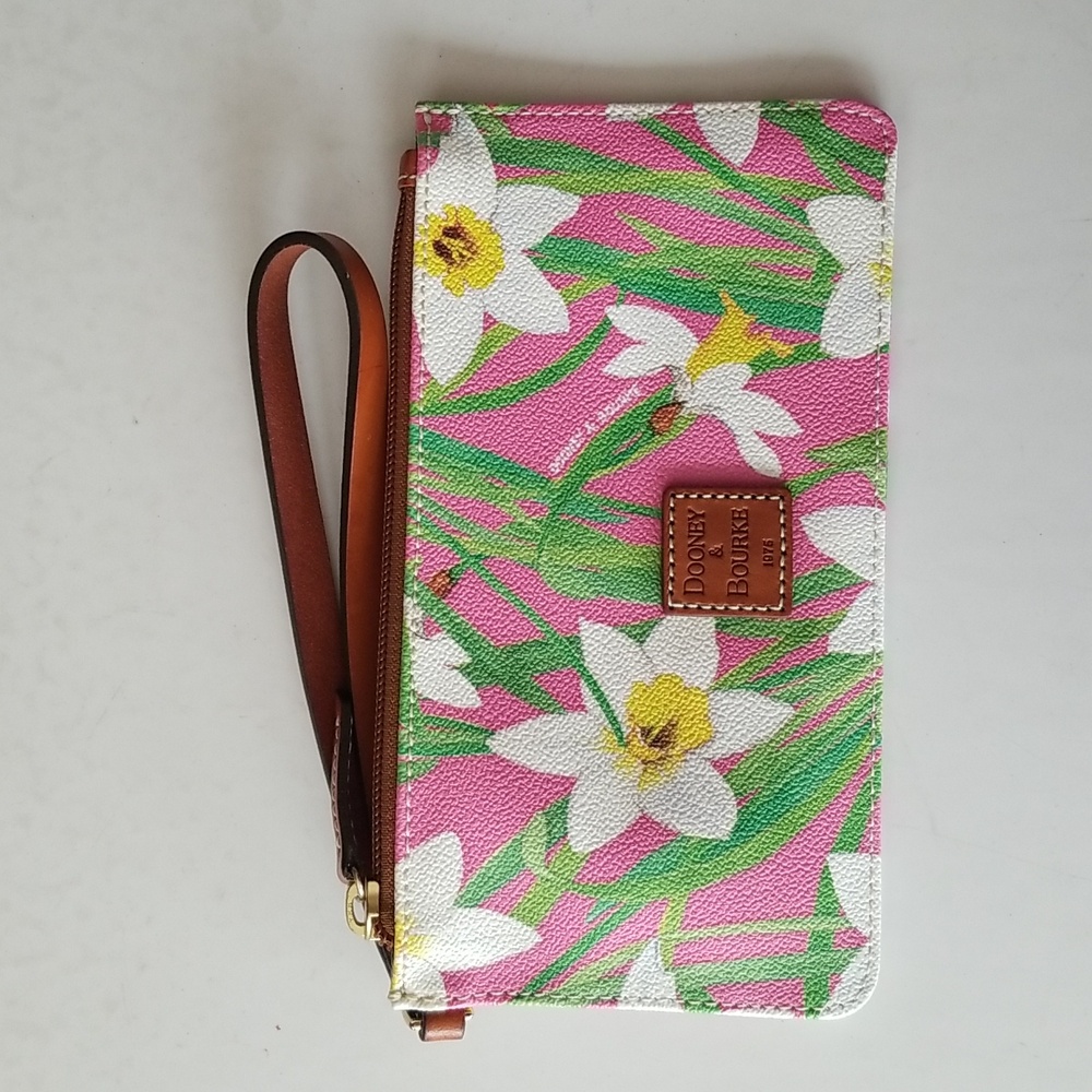 Dooney & Bourke Daffodil Floral Pink Coated Canvas & Leather Trim Wristlet